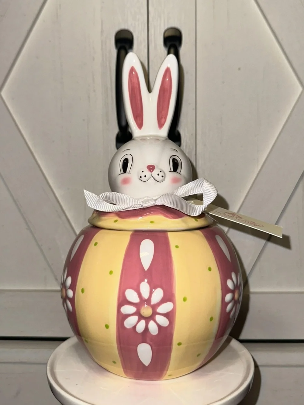 Carnival Cottage Ceramic Easter Bunny Striped Cookie Jar Canister
